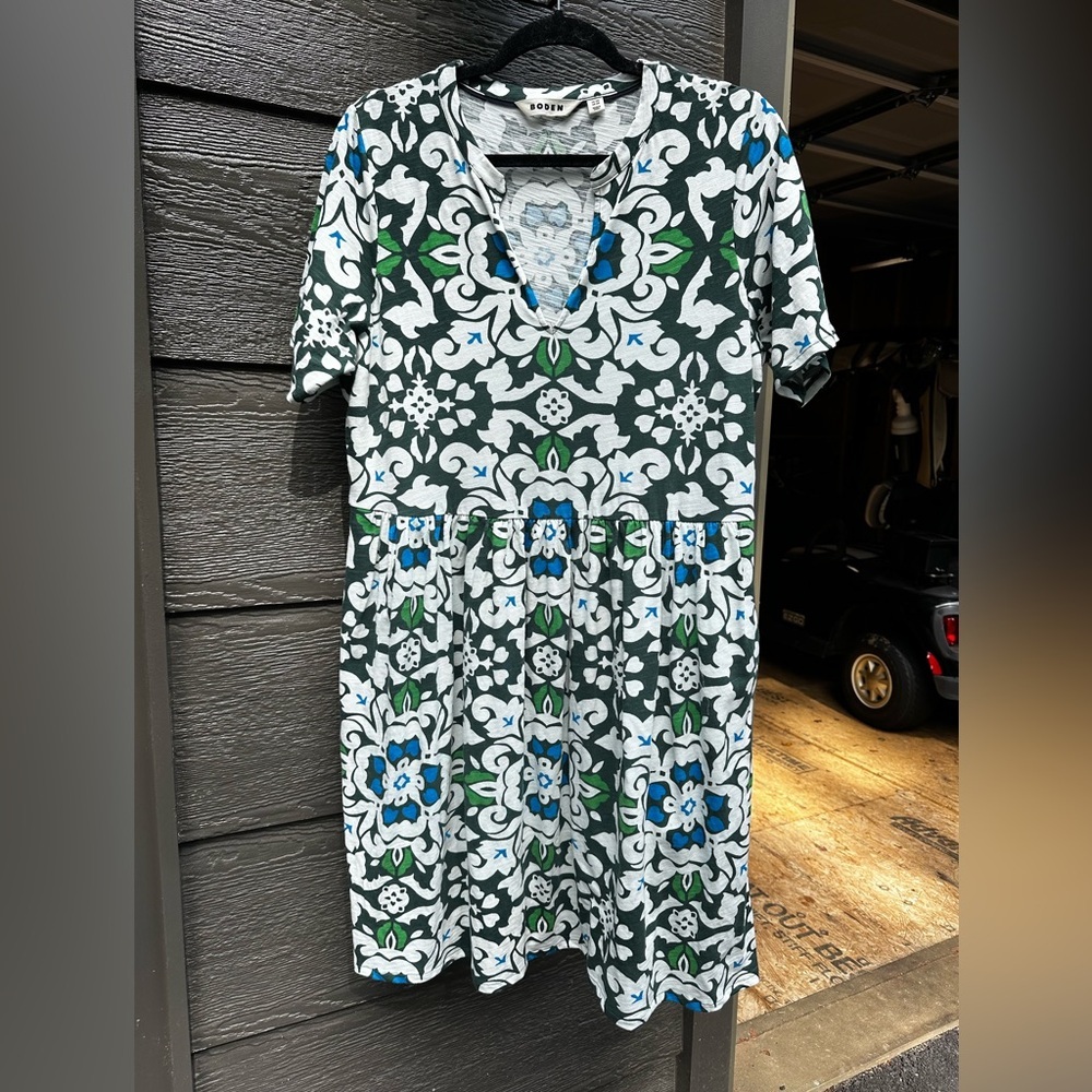 Boden Women's Green White Blue Floral Print Short Sleeve Jersey Dress Size 12